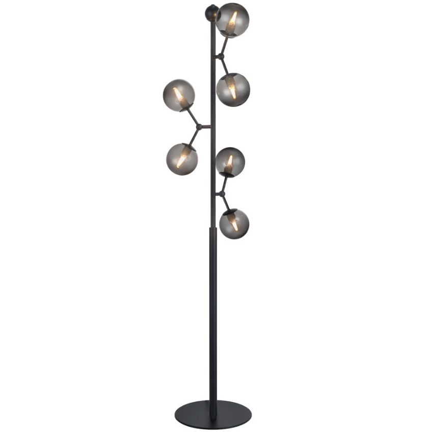 Kouřově šedá skleněná stojací lampa Halo Design Atom 155 cm